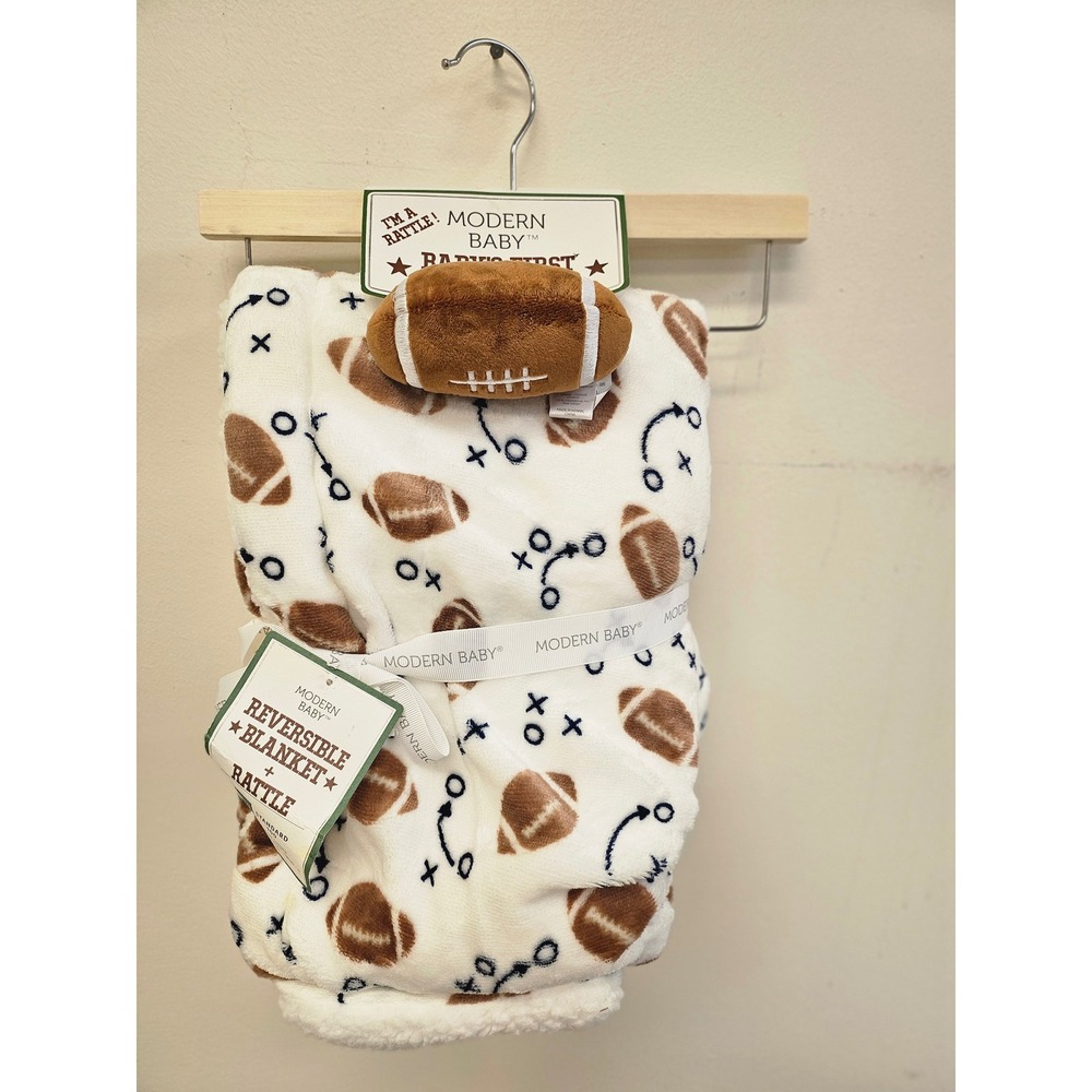 Modern Baby Reversible Football Blanket and Rattle Set White Brown Sports Theme
